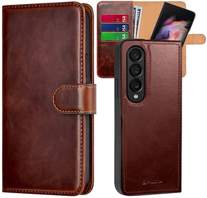 Samsung Z Fold 4 Leather Flip 2 in 1 Detachable Front And Back Wallet Case Cover S Pen Holder Brown