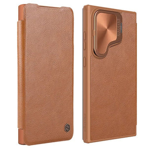 Samsung Galaxy S24 Ultra Camera Protection Nillkin Qin Prop Leather Flip Cover Brown