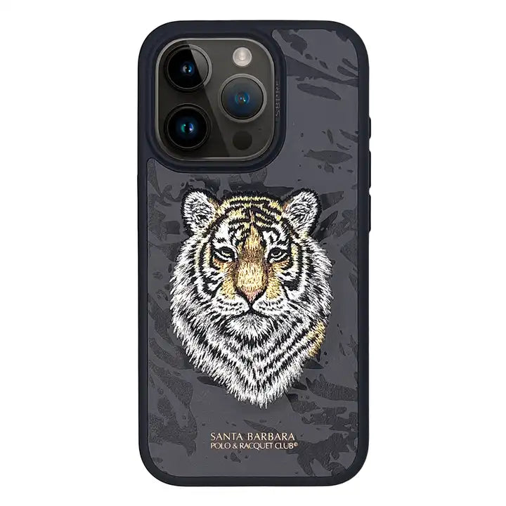 iPhone 15 Series Premium Santa Barbara Savana Tiger Leather Case Cover Black