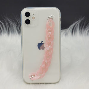 Transparent TPU Silicone Case Cover With Pink Marble Chain Holder