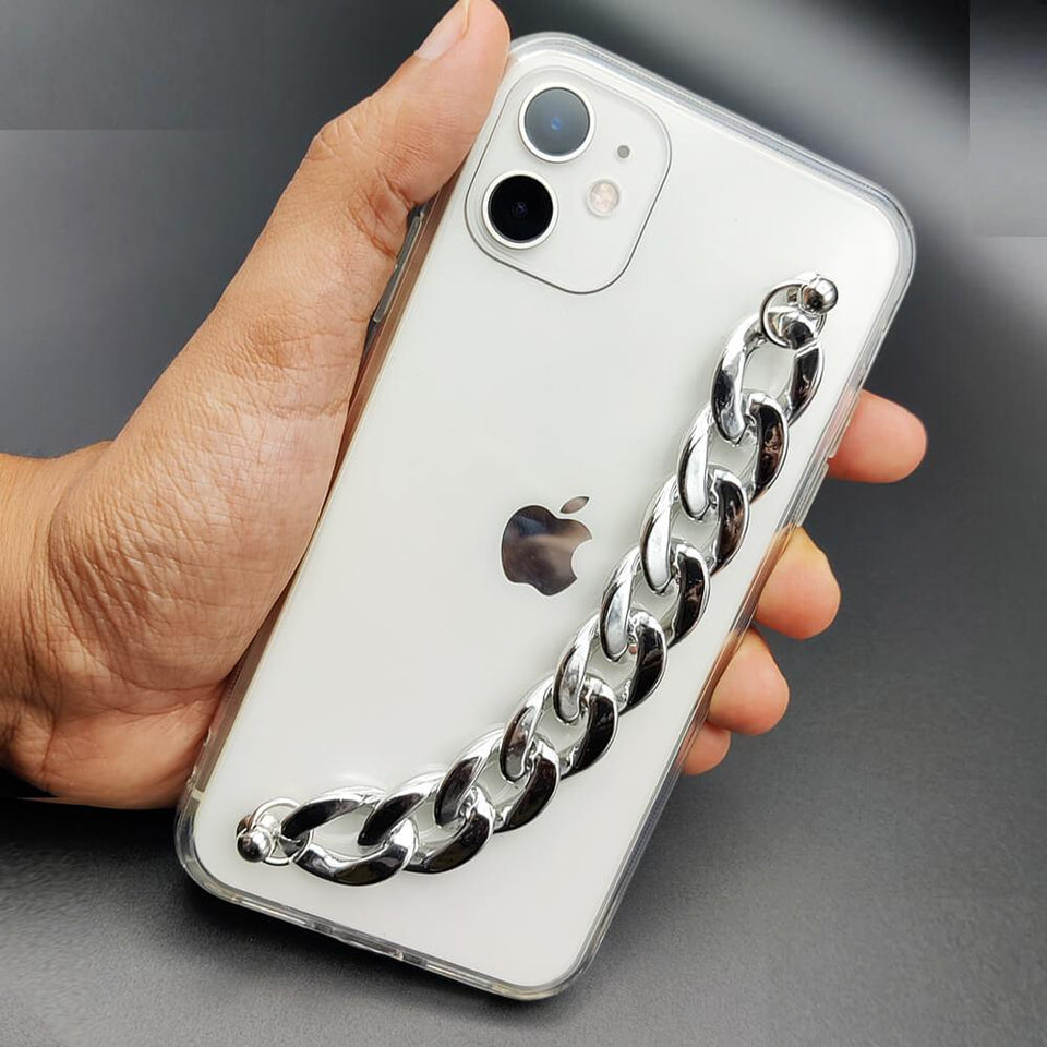 iPhone Glossy Silver Chain Holder Transparent Case