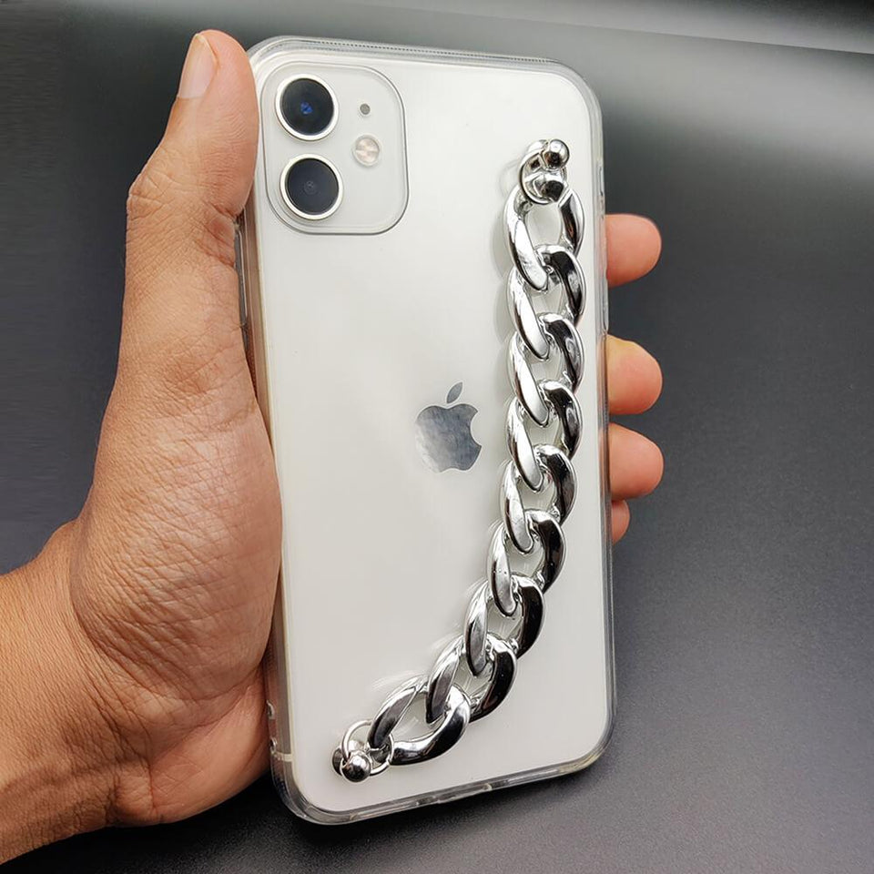 iPhone Glossy Silver Chain Holder Transparent Case