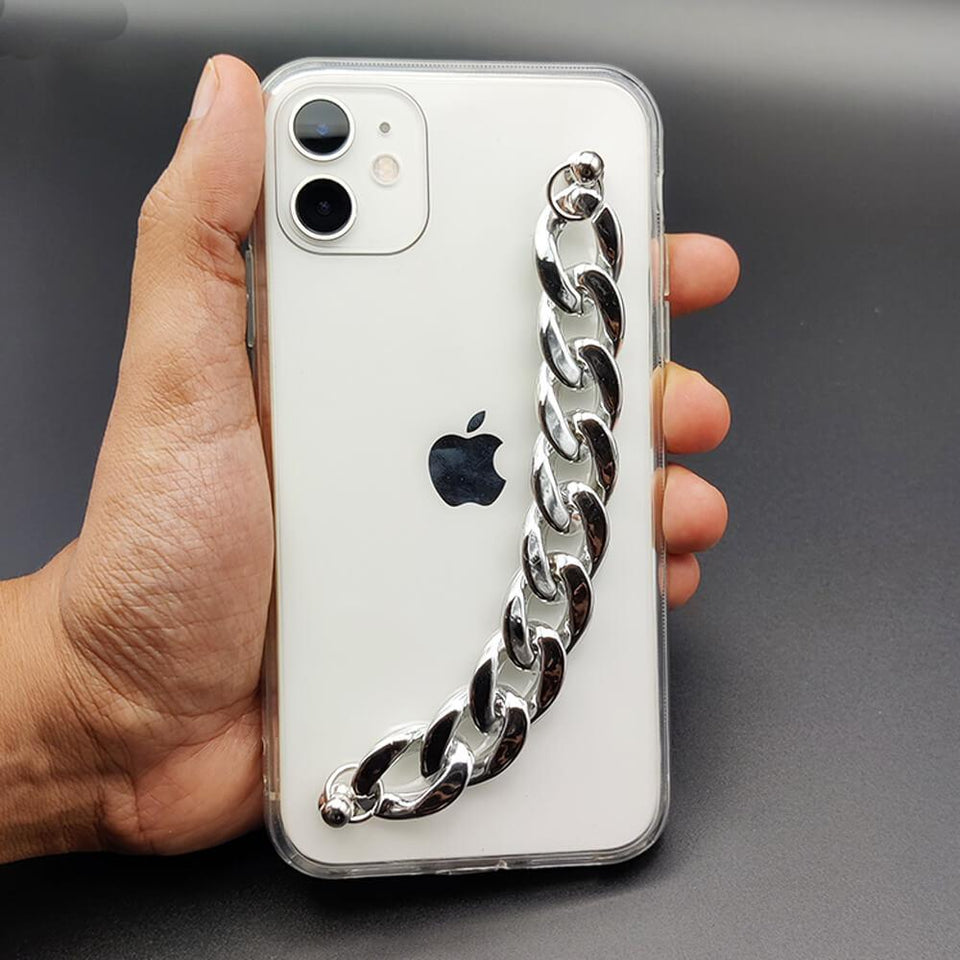 iPhone Glossy Silver Chain Holder Transparent Case