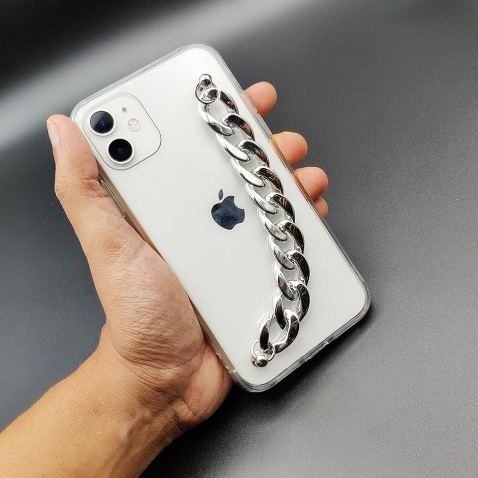 iPhone Glossy Silver Chain Holder Transparent Case