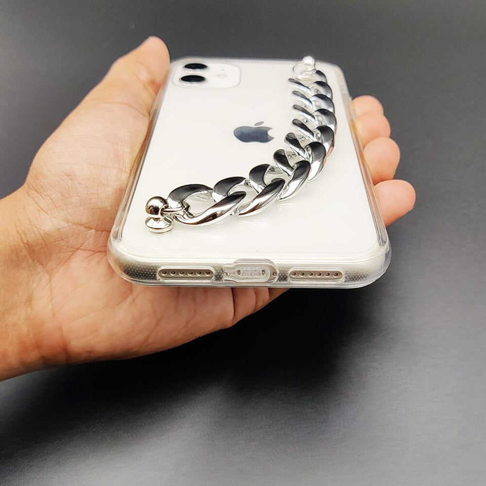 iPhone Glossy Silver Chain Holder Transparent Case