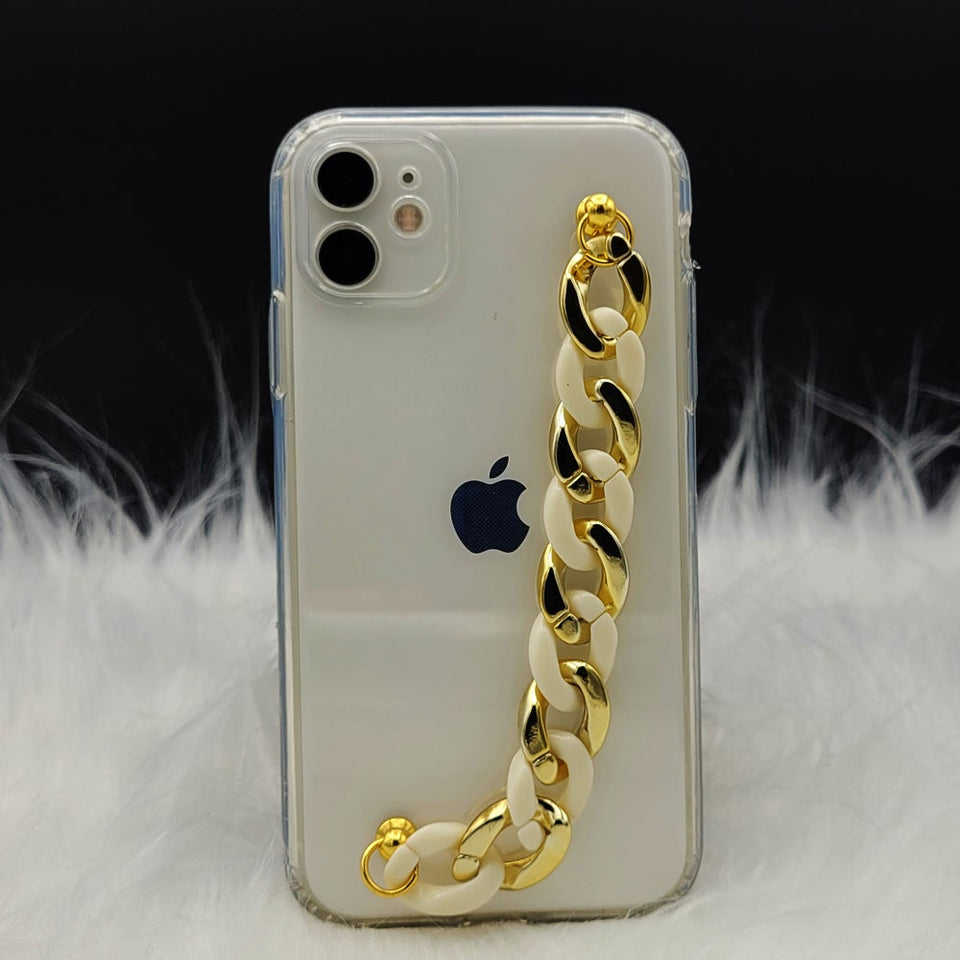 Transparent TPU Silicone Case Cover With Gold White Chain Holder