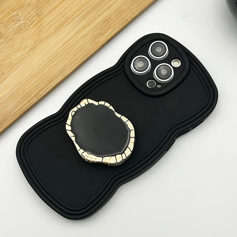 iPhone Wavy Effect Matte Silicone Case Cover With Pop Holder Black