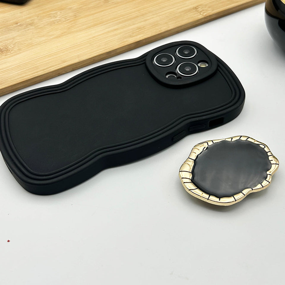 iPhone Wavy Effect Matte Silicone Case Cover With Pop Holder Black