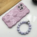 iPhone Luxury Glossy Wavy Effect Case Cover With Pearl Bracelet Chain Cream Pink