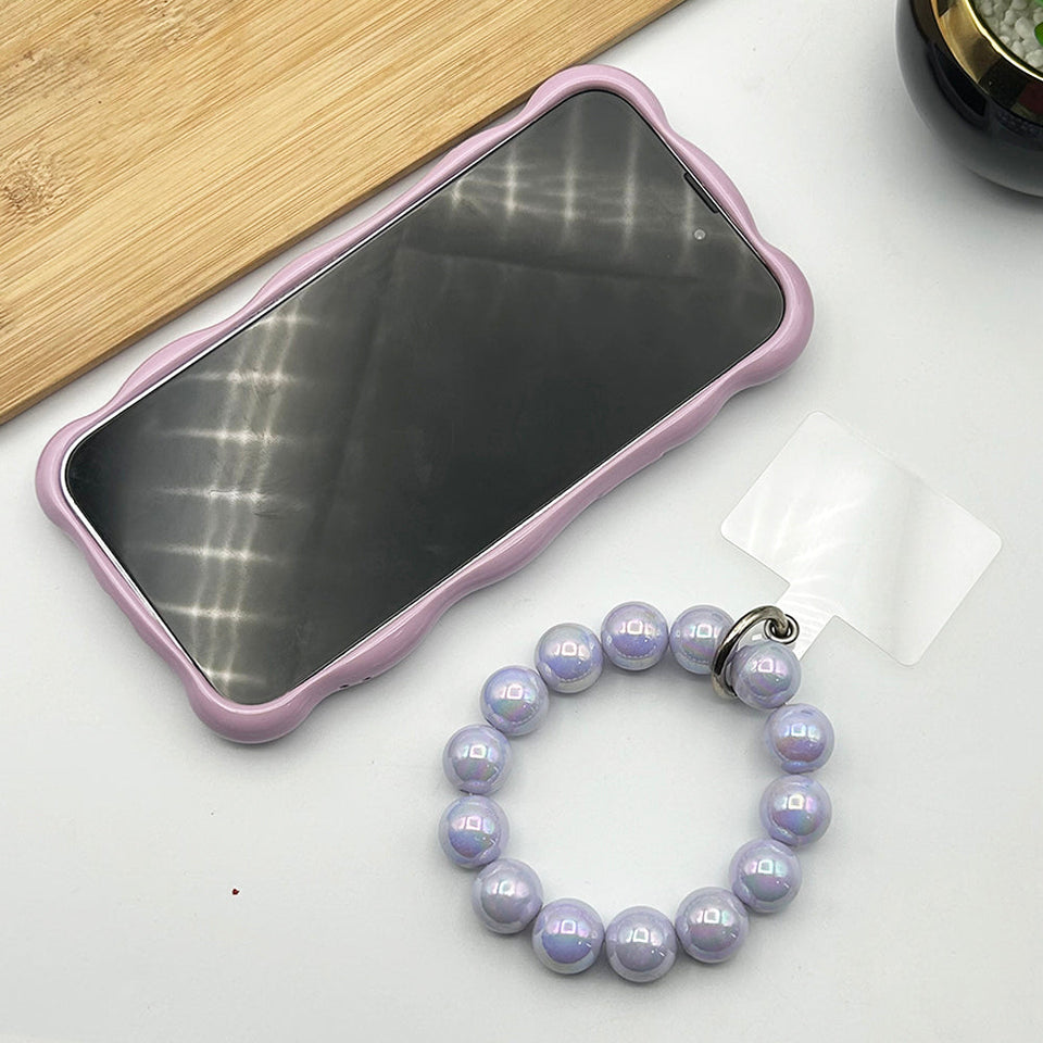iPhone Luxury Glossy Wavy Effect Case Cover With Pearl Bracelet Chain Cream Pink