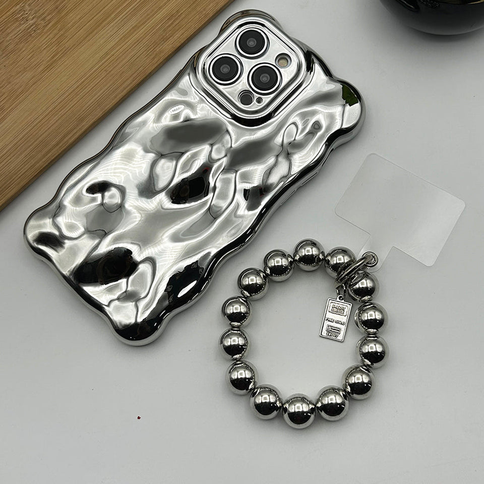 iPhone Luxury Chrome Wavy Effect Case Cover With Metallic Bracelet Chain Sliver