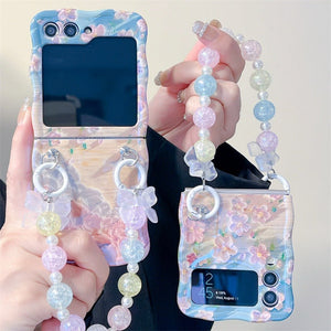 Samsung Galaxy Z Flip 6 Floral Print Glossy Case With Crystal Pearl Bow Chain