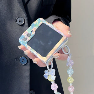 Samsung Galaxy Z Flip 6 Floral Print Glossy Case With Crystal Pearl Bow Chain