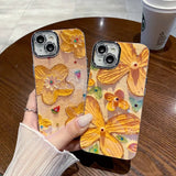 iPhone Luxury 3D Oil Painting Yellow Floral Design With Glitter Lens Protection Case Cover