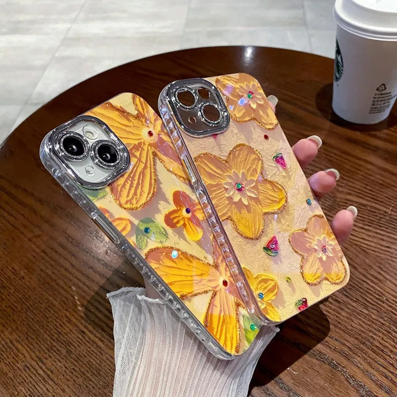 iPhone Luxury 3D Oil Painting Yellow Floral Design With Glitter Lens Protection Case Cover