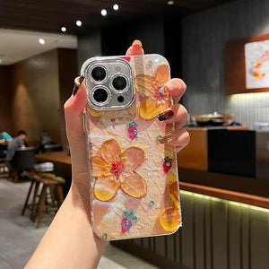 iPhone Luxury 3D Oil Painting Floral Design With Glitter Lens Protection Case Cover Sky Blue