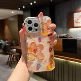 iPhone Luxury 3D Oil Painting Floral Design With Glitter Lens Protection Case Cover Sky Blue