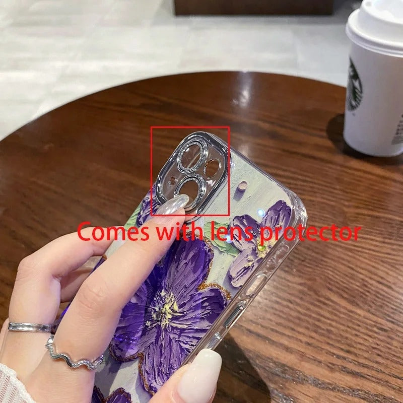 iPhone Luxury 3D Oil Painting Floral Design With Glitter Lens Protection Case Cover Purple
