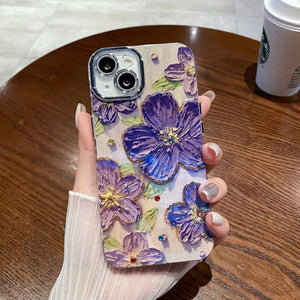 iPhone Luxury 3D Oil Painting Floral Design With Glitter Lens Protection Case Cover Purple