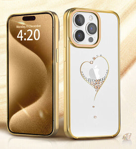iPhone 15 Series Heart Rhinestone Diamond Plated Hard Clear PC Back Cover